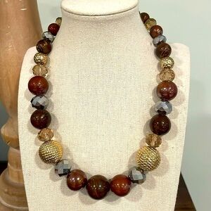 Natural tone chunky beaded statement necklace metallic accents